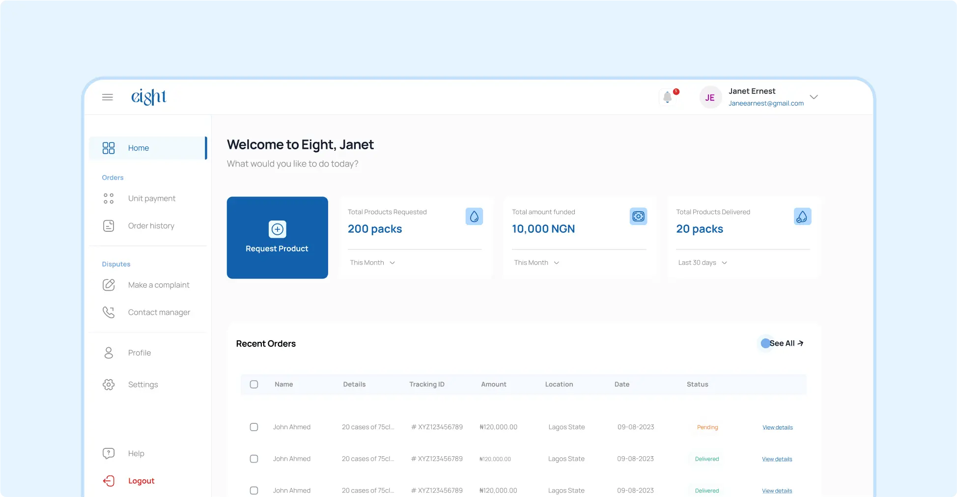 Eight water dashboard